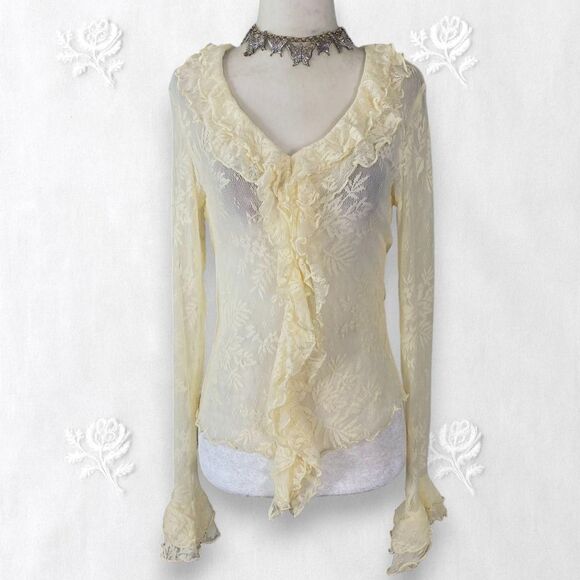 Newport Cream White Sheer Lace Frilly Ruffle Pirate Wench Bell Sleeve Blouse S - Picture 1 of 8